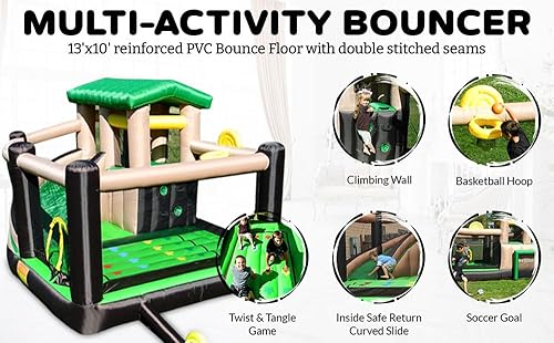 Miniatura 2 de Island Hopper Fort All Sport - Casa de rebote para niños con área de fortaleza pared de escalada baloncesto tiro de fútbol juego de tobogán curvado