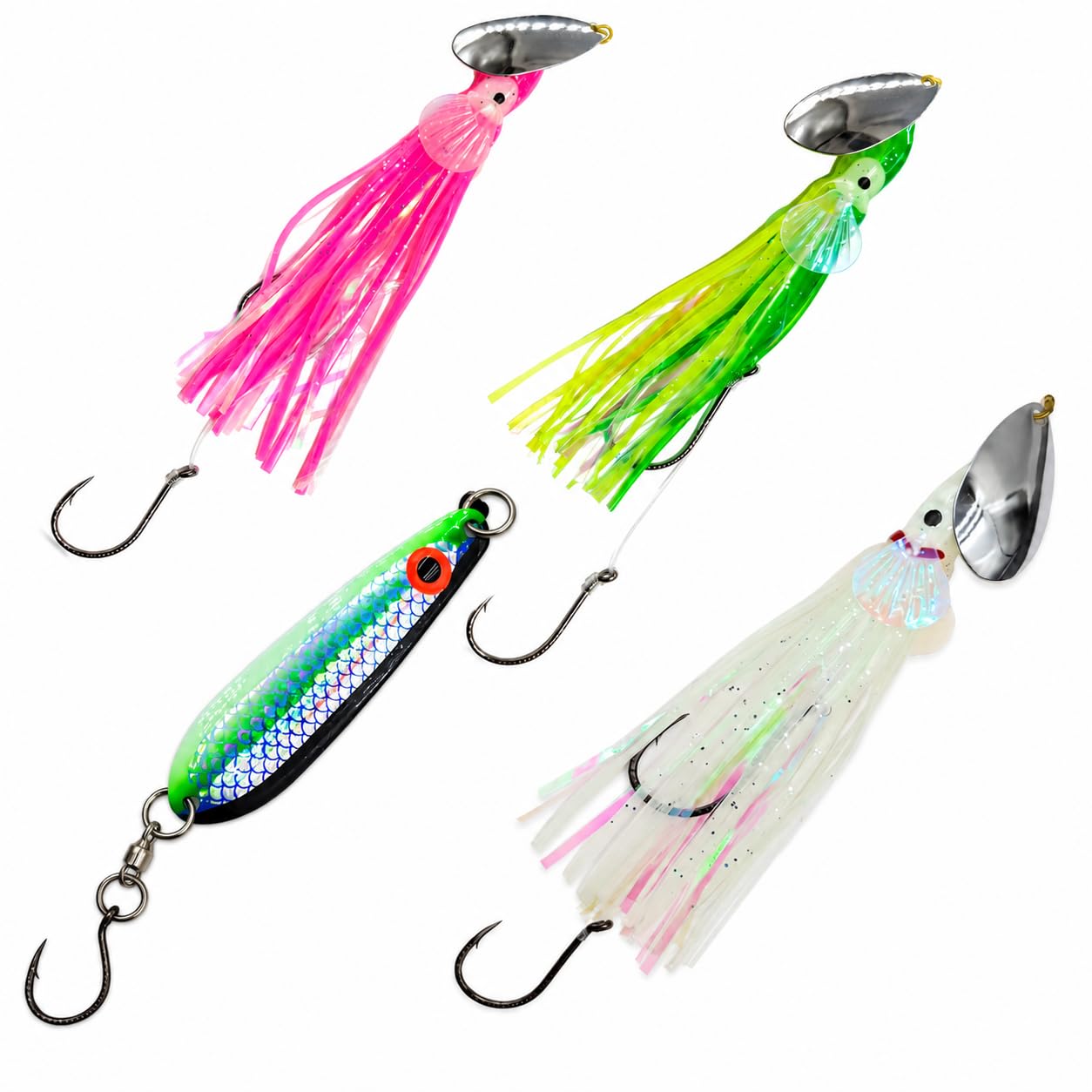 King COHO Humpy Sockey Salmon Stealhead Squid Skirt Spinner Lure UV Gill Crenated Double Hooks for Trolling Fishing (Pink, Green, White, Metallic Green) : Sports & Outdoors