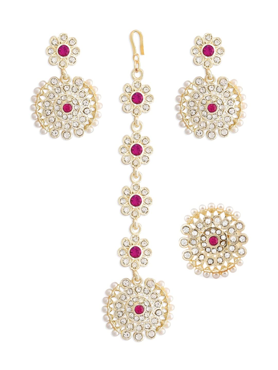 ZAVERI PEARLS Pink & White Dazzling Diamonds Embellished Earring Maangtikka & Ring Set For Women-ZPFK12215 (B09RSXX1WN) Amazon Price History, Amazon Price Tracker
