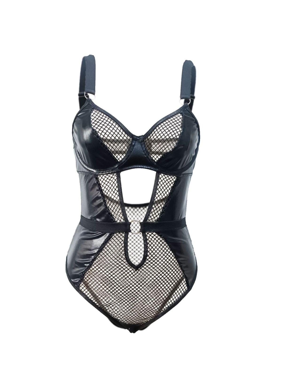Front ouvertPU érotique sous-vêtement Une pièce Maille Sexy Pyjama Ensemble Uniforme Transparent