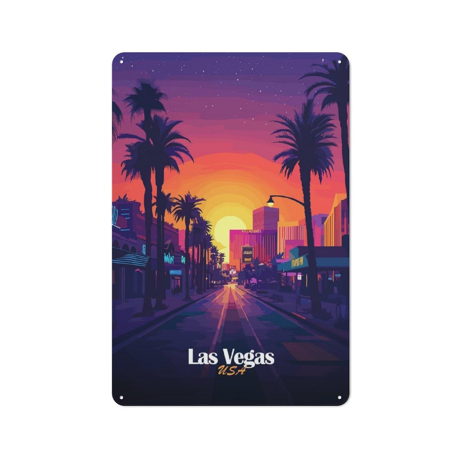 Junmoney Style-3 Las Vegas Sunset Cityscape Vintage-Inspired Tin Sign 30X20cm For Garage Or Workshop, For Vintage Wall Decor Fans, For Metal Sign Collectors