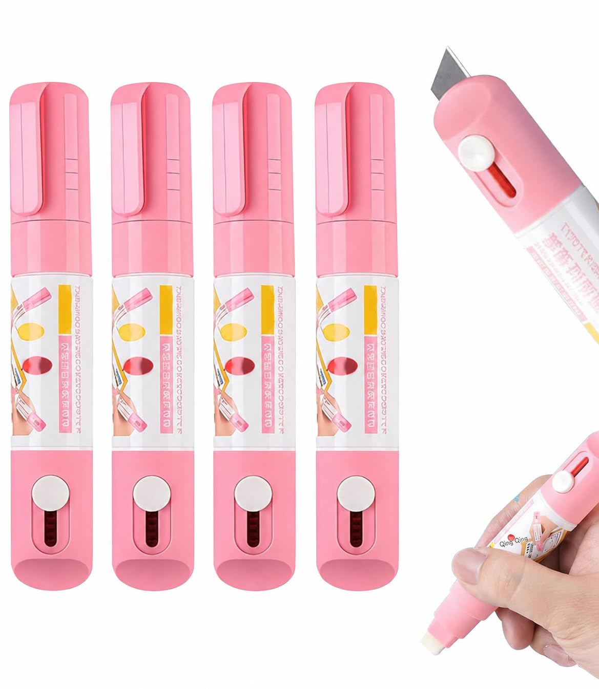 2 Pcs 2-in-1 Box Cutter & Thermal Paper Eraser, 2026 New Water-Based Thermal Paper Eraser Pen with Unboxing Knife for One Smear Printed Text Covering - Liquid Redacting Marker (4pcs Pink)