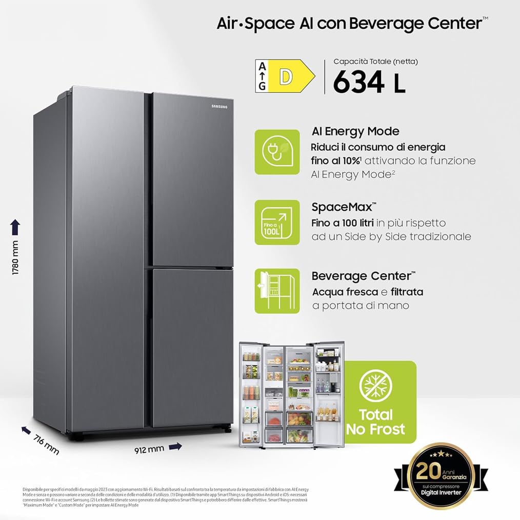 Samsung RH69CG895DS9EF Frigorifero Side by Side 645 L, 3 Porte, No Frost, Beverage Center, Dispenser Acqua e Ghiaccio, Digital Inverter, SpaceMax, Twin Cooling Plus, Wi-Fi SmartThings, Inox, Classe D