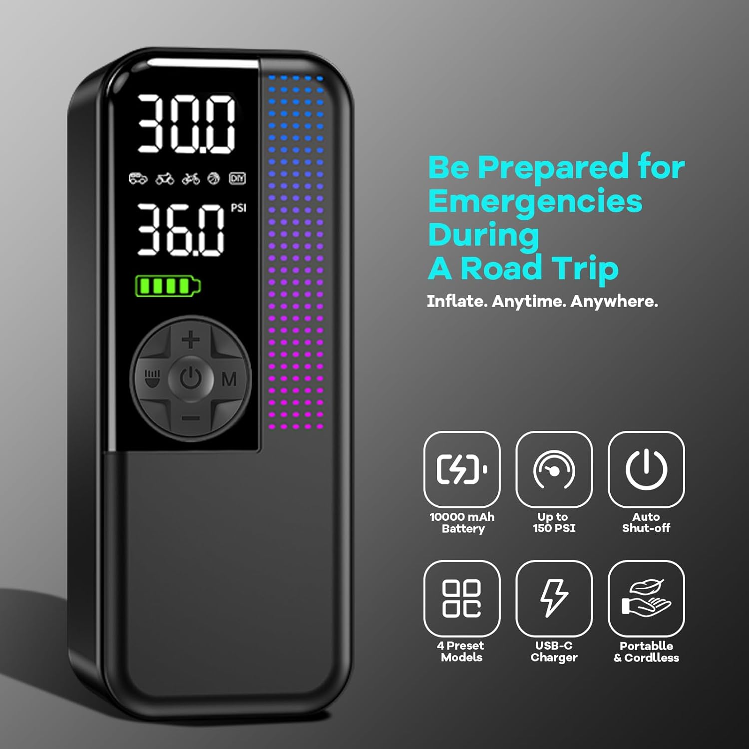 Tire Inflator Portable Air Compressor,150 PSI Cordless Air Pump, 12V DC Car Plug,Dual Power 10000mAh, Fast Inflation 24L/Min, 4 Preset Modes for Car, Bike, Motorcycle, Balls (Black, 10000mAh)