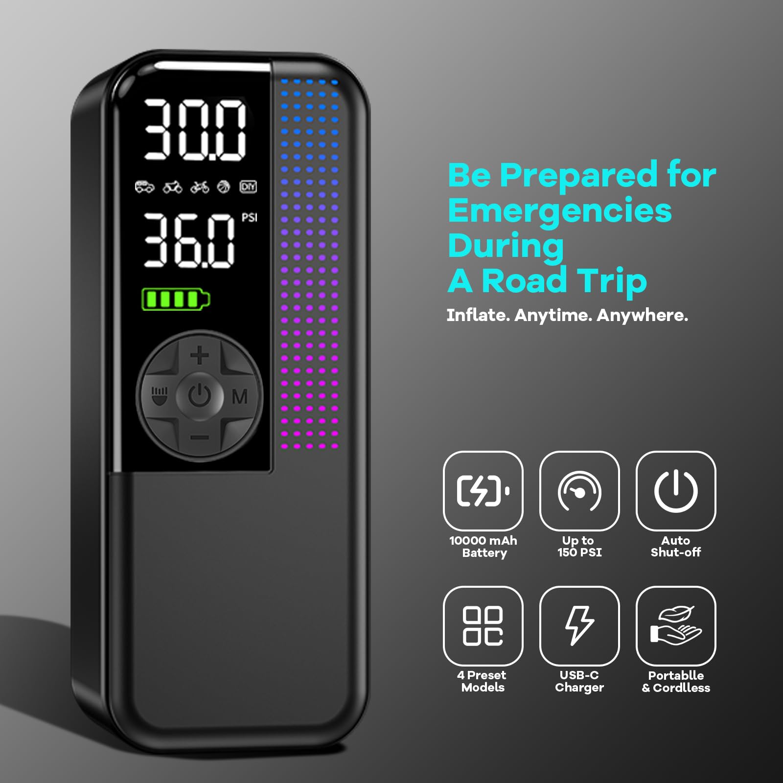 Tire Inflator Portable Air Compressor 150 PSI Cordless Air Pump 12V DC Car Plug Dual Power 10000mAh Fast — view 2