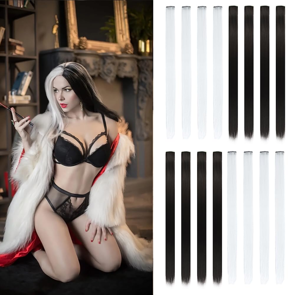 Black and White Colors 16Pcs Colored Hair Extensions - 22 Inch Straight Clip In Synthetic Hairpieces Ideal for Women, Kids, and Girls, for Halloween, Christmas and Cosplay