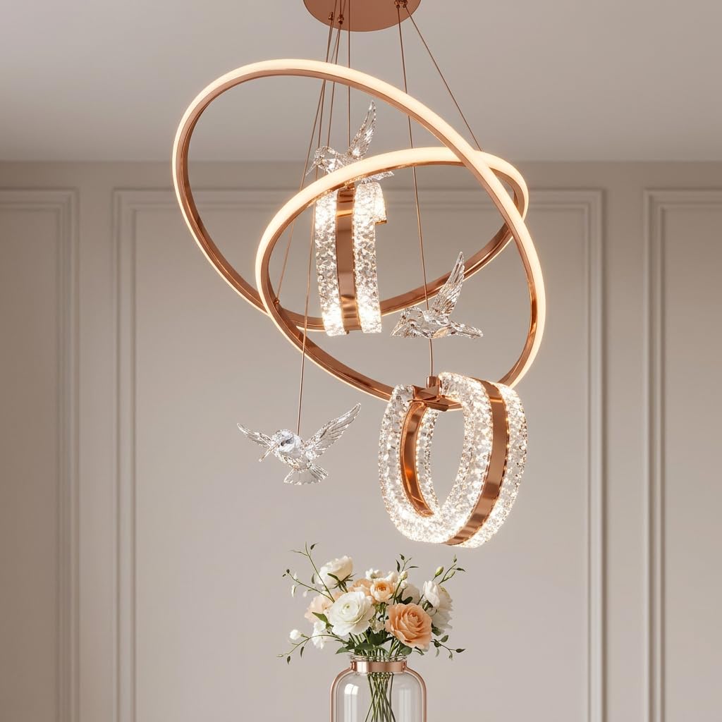 Crystal Ring Chandelier | 3-Color Colour (Warm + Natural + Cold White) | Rose Gold Acrylic Jhumar for Living Room, Bedroom & Dining Hall-image-37