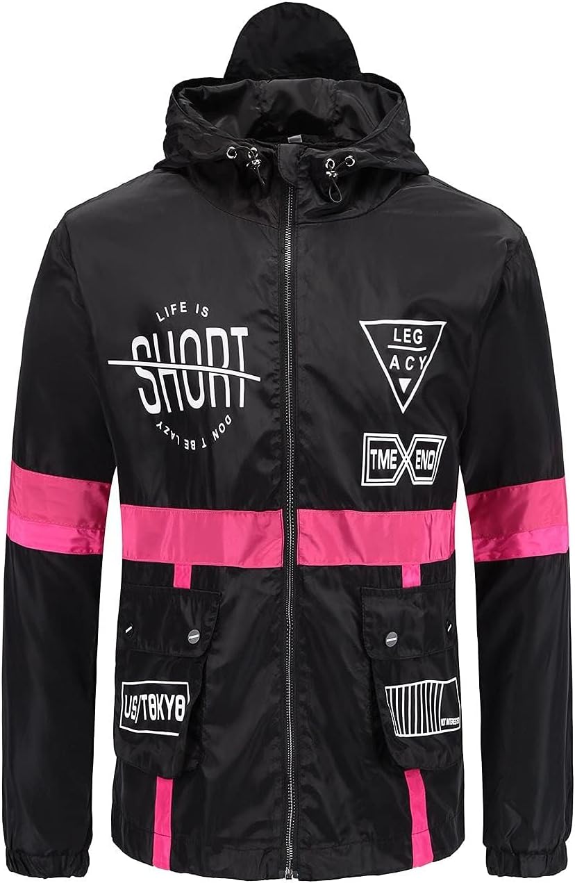 Mens Casual Windbreakers Lightweight Drawstring Hooded Jackets