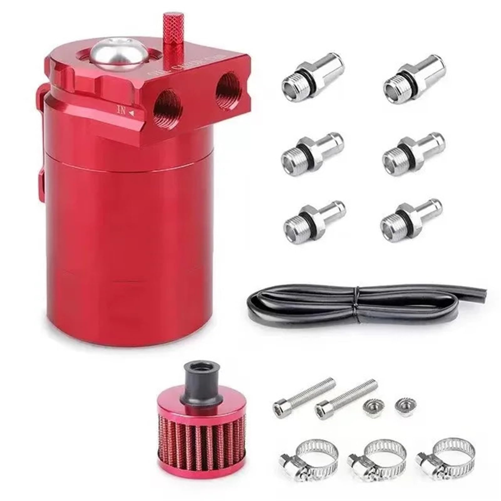 Filtr oleju silnikowego Uniwersalny Aluminiowy Pojemnik Na Olej Z Przegrodą, Separator Oleju Z Filtrem Odpowietrzającym, 300 Ml, Odpowiedni Samochodów Osobowych I Ciężarowych(Red)