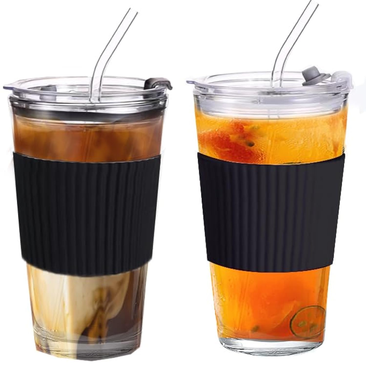 Glass Coffee Cup with Straw：Glass Water Tumbler with Lid1 Pcs, Aukomer Iced Coffee Can Shaped Cup，Reusable Tumbler Travel Cup, Mug with Straw for Milk Juice, 450ml (Black)