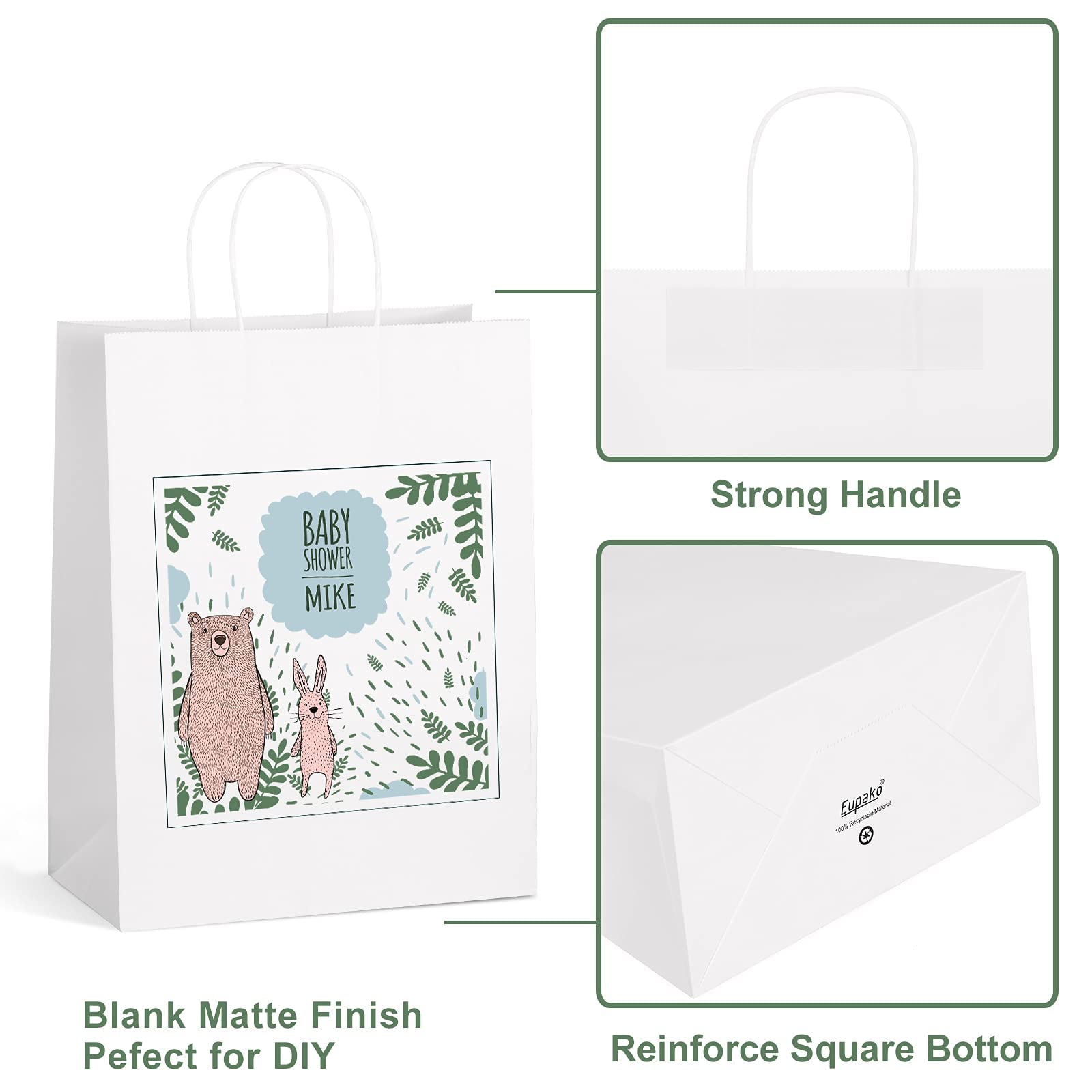 20 Pcs White Kraft Paper Gift Bags 10.6 X 8.2 X 3.1 Inch Gift Bags Bulk With Handles For Retail