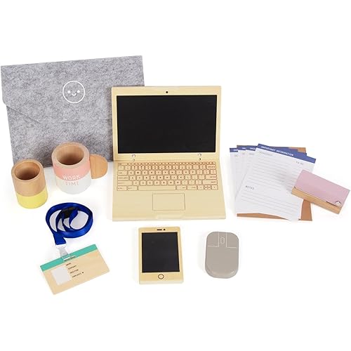 Wooden Pretend Play Home Office Set for Kids,10Pcs Office Playset with Wooden Toy Laptop & Phone,Toddlers Beverage Cup for Preschool Kid Ages 3+ Years