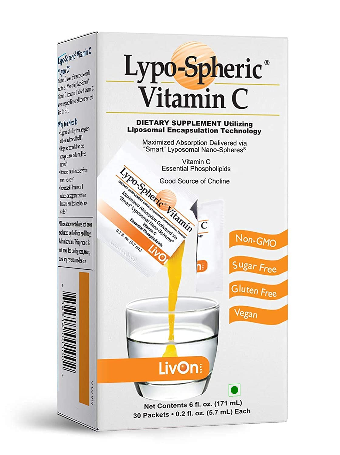LivOn LaboratoriesLypo–Spheric Vitamin C, 1000 mg Vitamin C & 1000 mg Essential Phospholipids Per Packet, Liposome Encapsulated for Improved Absorption, 100% Non–GMO, 1 Carton, 0.2 Fl Oz (Pack of 30)