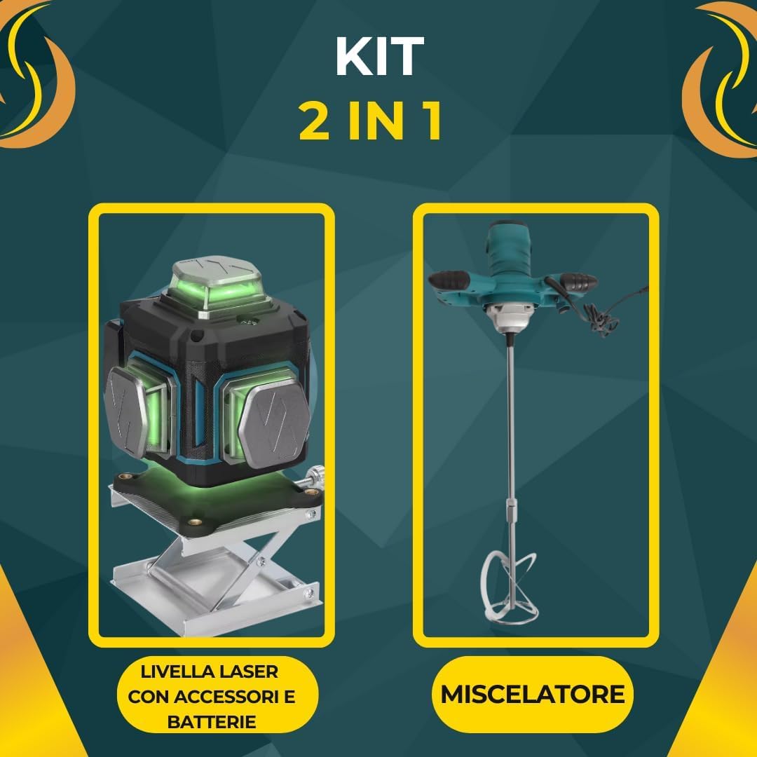 VAZY24 Kit 2 in 1: Livella Laser Verde 16 Linee 360° Autolivellante con Batterie e Accessori + Miscelatore Elettrico per Cemento, Malta e Vernici, 6 Velocità, Asta Tipo S
