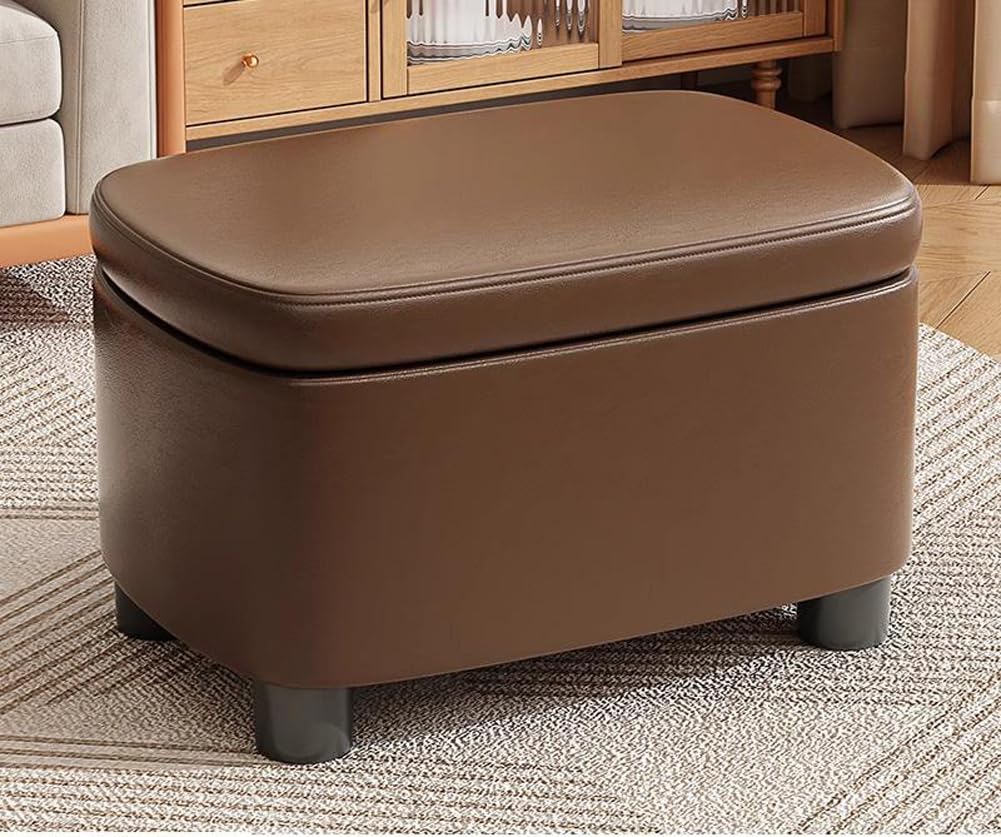 Modern Storage Ottoman Faux Leather Foot Rest Stool with Hinged Lid,Upholstered Ottoman Storage Thicken Foam Padded Seat for Living Room Entryway (Brown)