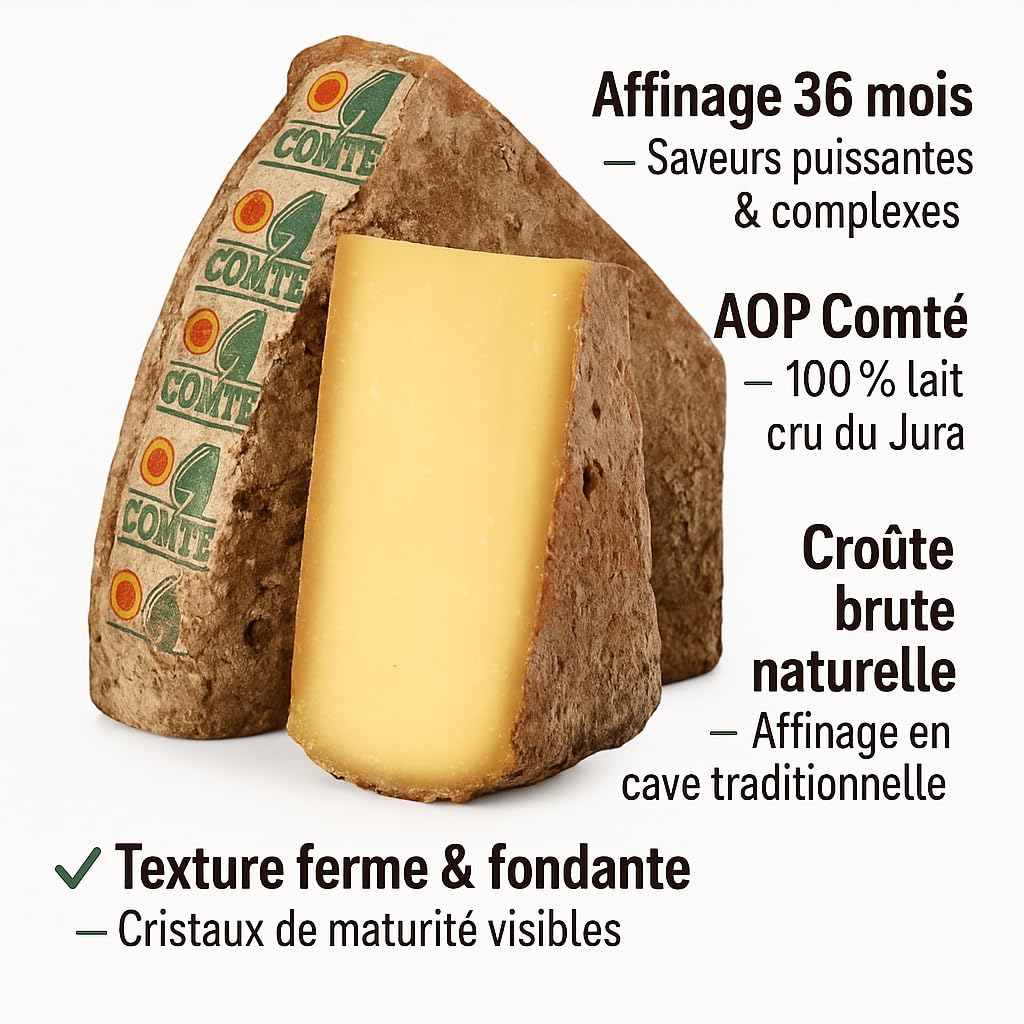Comté d'été AOP Vieux - 1kg - 36 mois d'affinage - fabrication artisanale - Pâte jaune avec cristaux et saveur noisette intense