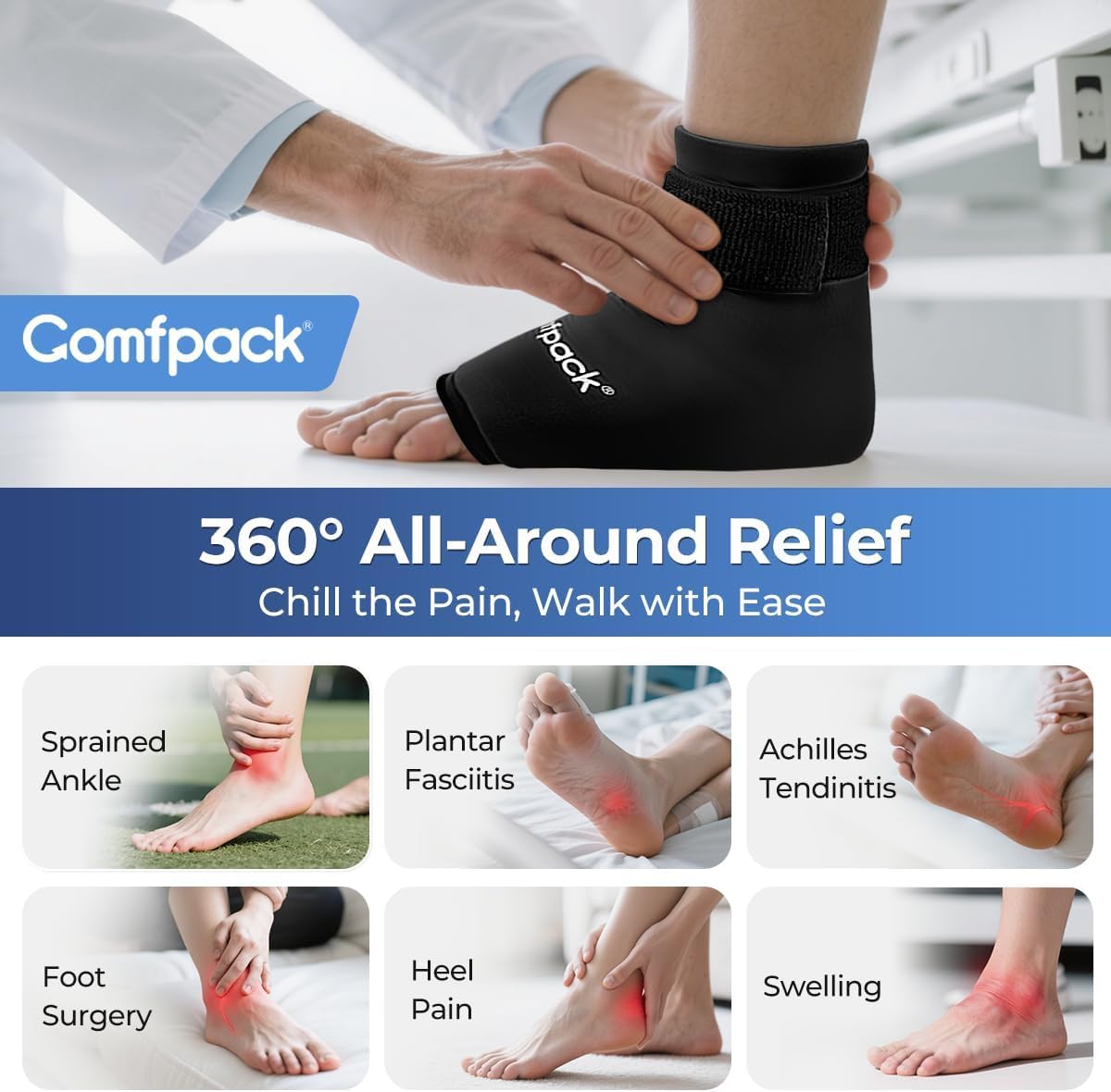 Comfpack Envoltura de hielo para el tobillo, terapia reutilizable para frío y calor | Envoltura de gel flexible para aliviar el dolor de pies de 360°, perfecta para fascitis plantar y esguinces.
