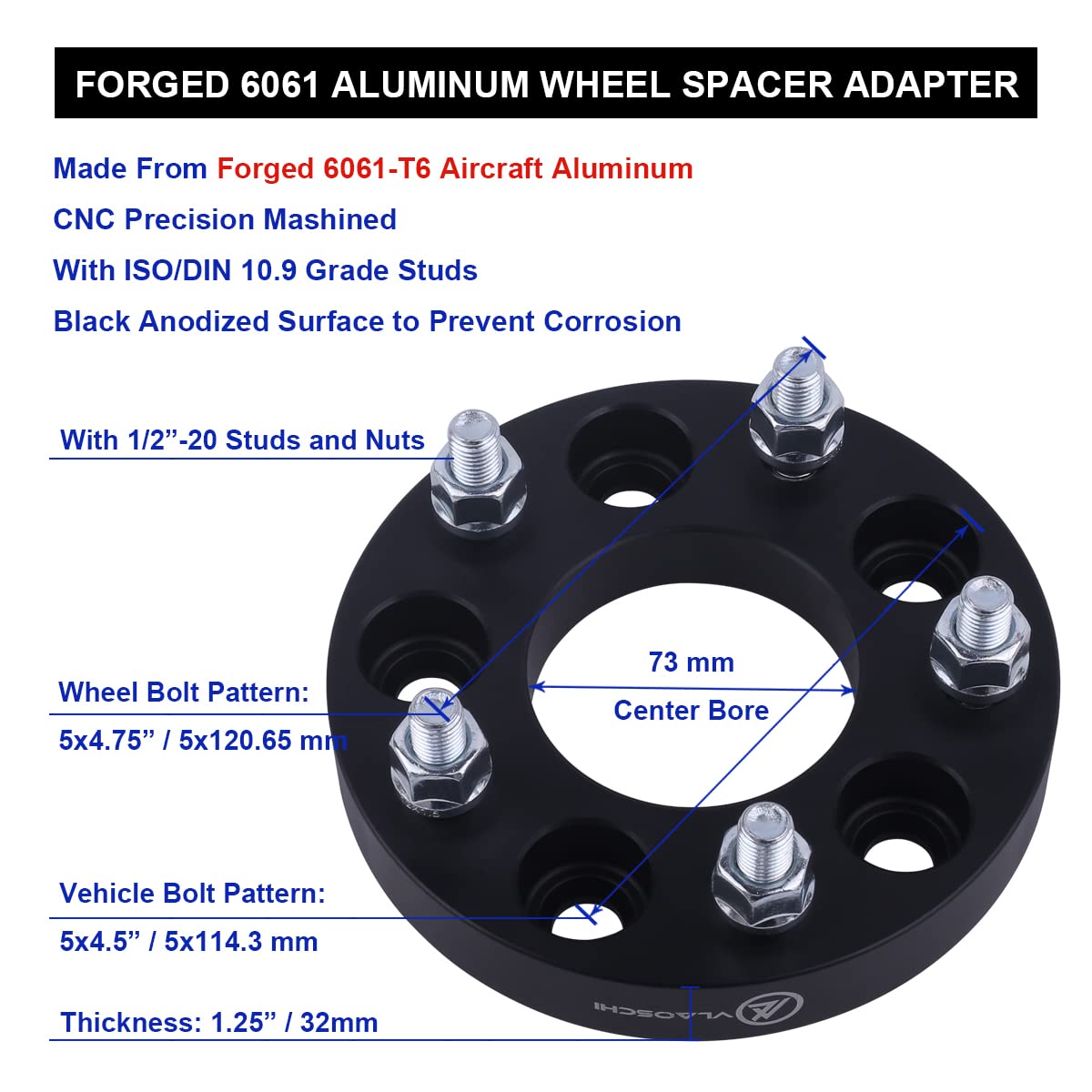 VLAOSCHI Black Forged 5x4.5 to 5x4.75 Wheel Adapters 1.25 Inch with 1/2" Studs Compatible with Jeep-Ford 5 Lug 5x114.3 to 5x120.65 for Wrangler Cherokee Liberty Taurus Edge Explorer Ranger - Pack of 4