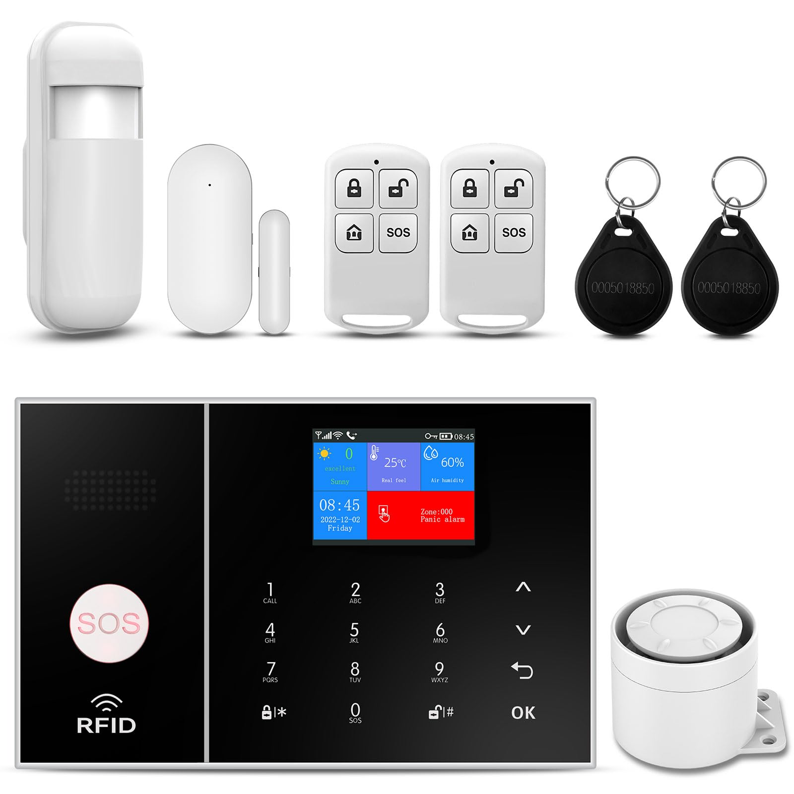 allarme casa senza fili,kit allarme casa senza fili con Sirena Allarme 120dB, Telecomando Intelligente, Invite vocale, Display LCD, Sicurezza per la casa, ufficio(8 Pezzi)