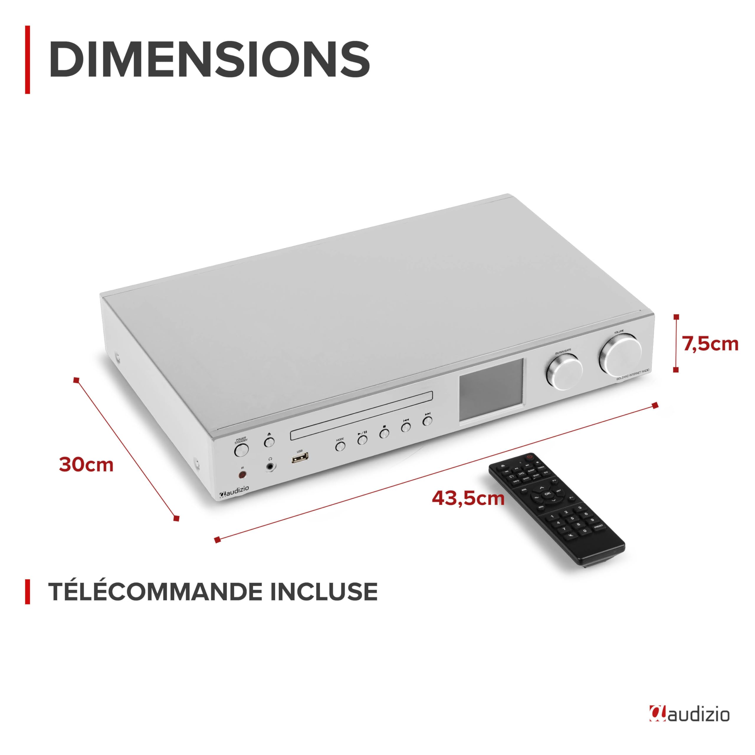 Audizio Bolzano Récepteur Audio Internet Tout en Un - Aluminium, Amplificateur 100 Watts, Lecteur MP3 et CD, Écran 3,2 Pouces, Un Récepteur Audio Idéal en complément d'un Système Hi-FI