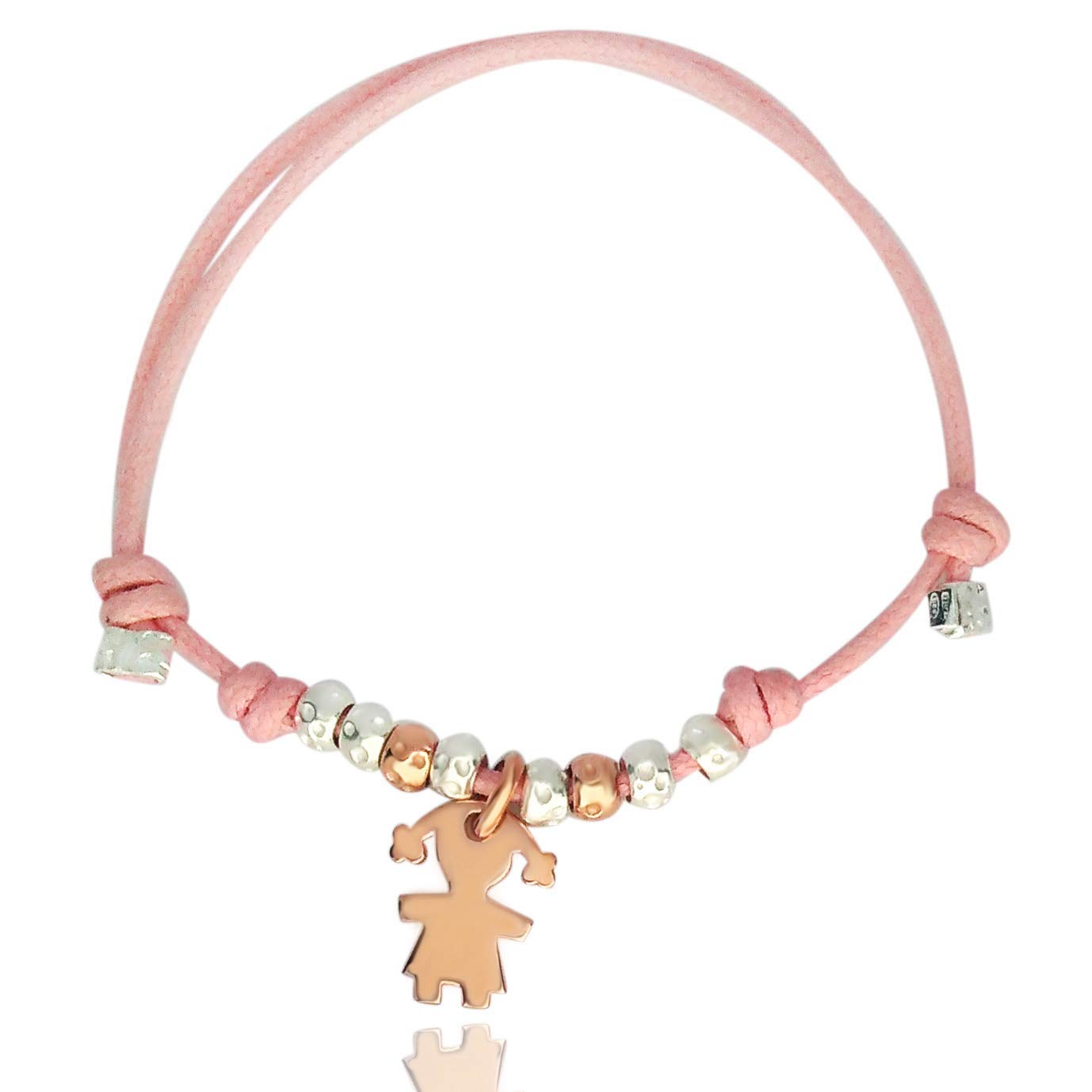 ViMon Gioielli, BRACCIALE cordino con ciondolo a forma di BAMBINA rosato, granelli martellati, in ARGENTO 925, cordino disponibile in vari colori