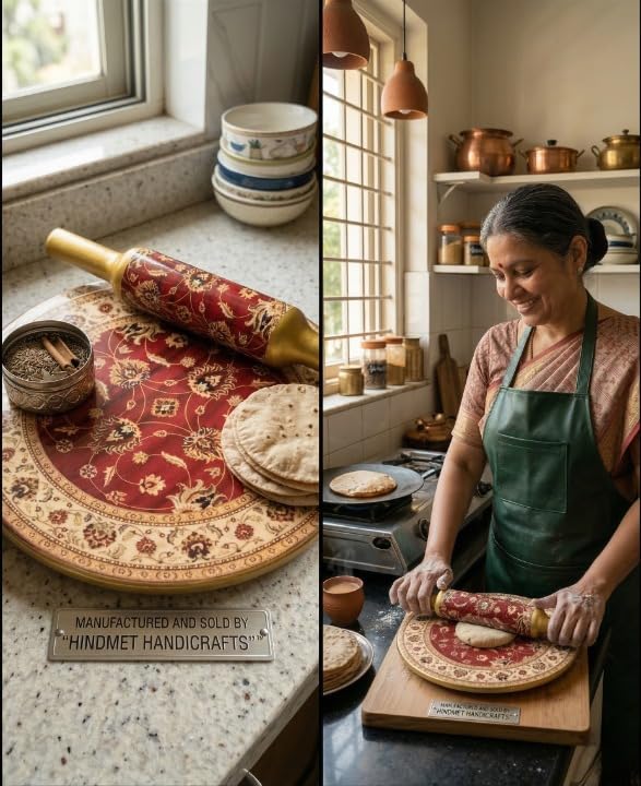 Image of Modern Floral Design Marble Chakla Wooden Belan | Printed 10 Inch Enamel Roti Maker with Belan | Heavy Duty Non-Slip Chakla for Roti, Chapati, Paratha |Kitchen Rolling Board (1 Set) (2.RED Gold)
