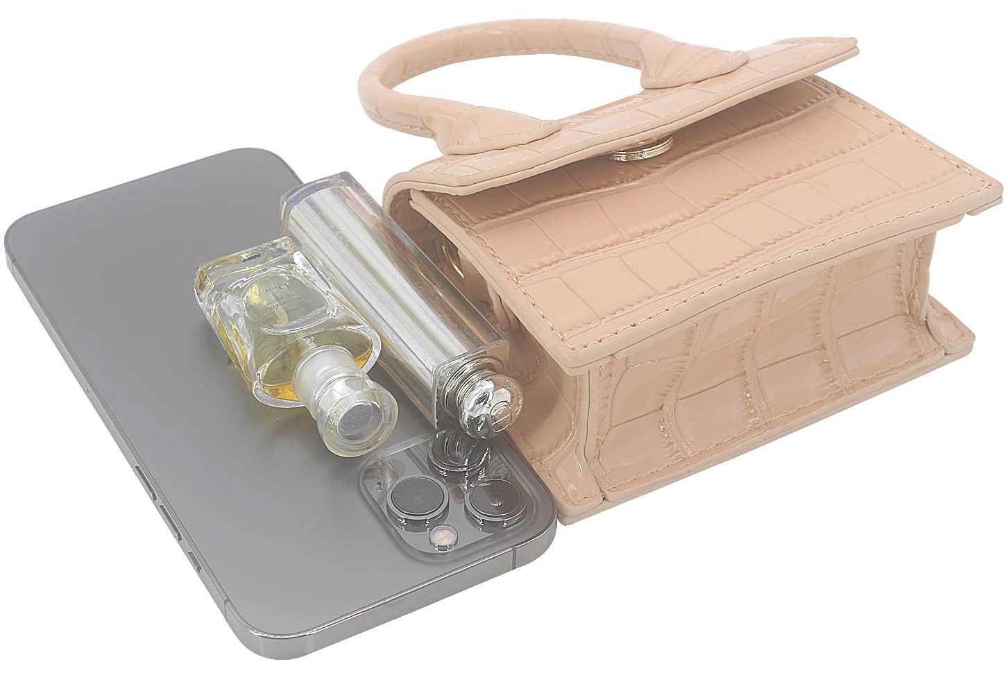 Mini bolso cruzado para mujeres y niñas, de cuero sintético, con solapa, estilo bolso de mano con asa superior, Croco Desnudo 5
