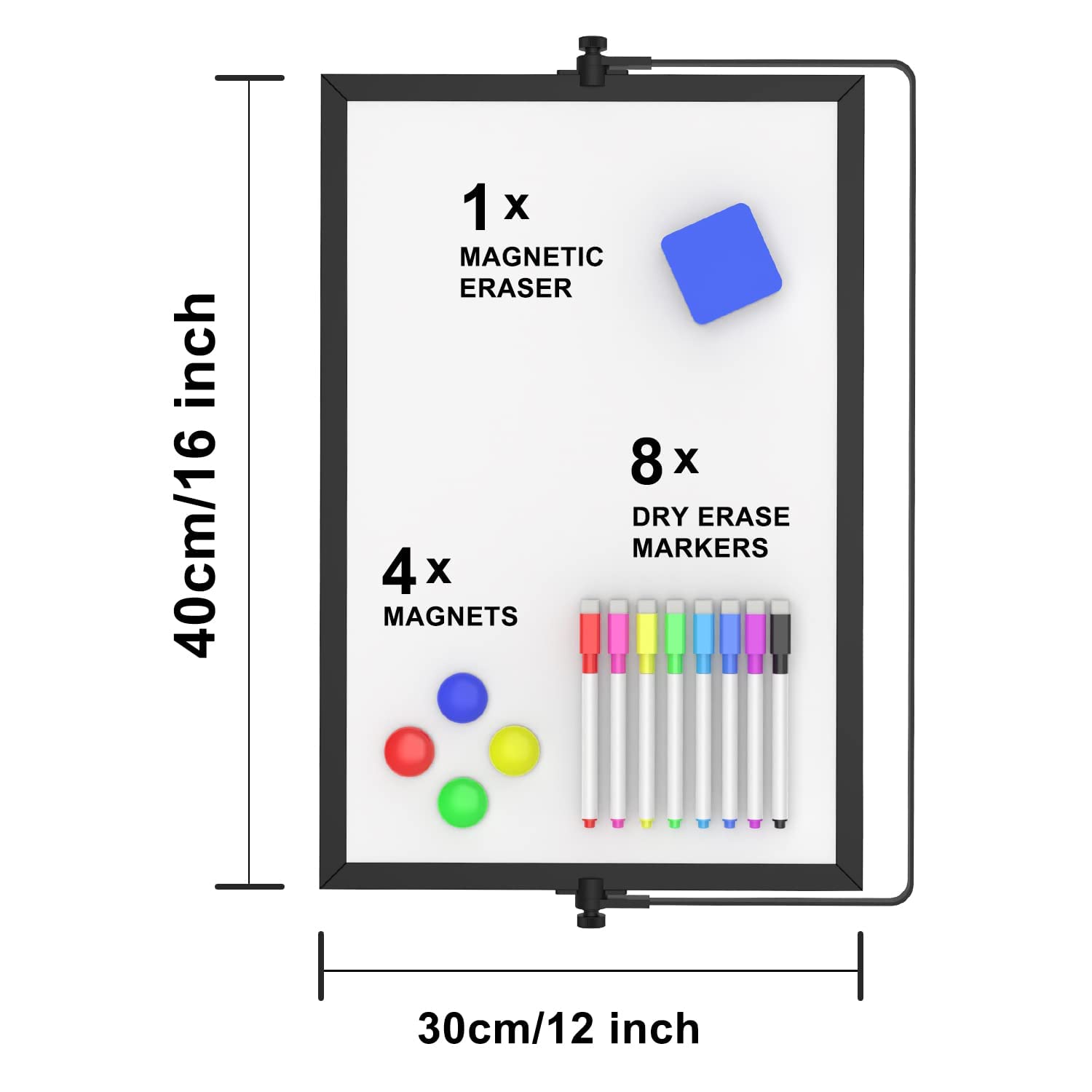 OWill Pizarra Blanca Magnética A3 (30x40cm) con Soporte Ajustable,Tablero de Escritorio de Doble Cara para Oficina,Cocina y Planificación Personal,Incluye 8 Rotuladores,Borrador e Imanes(Negro)