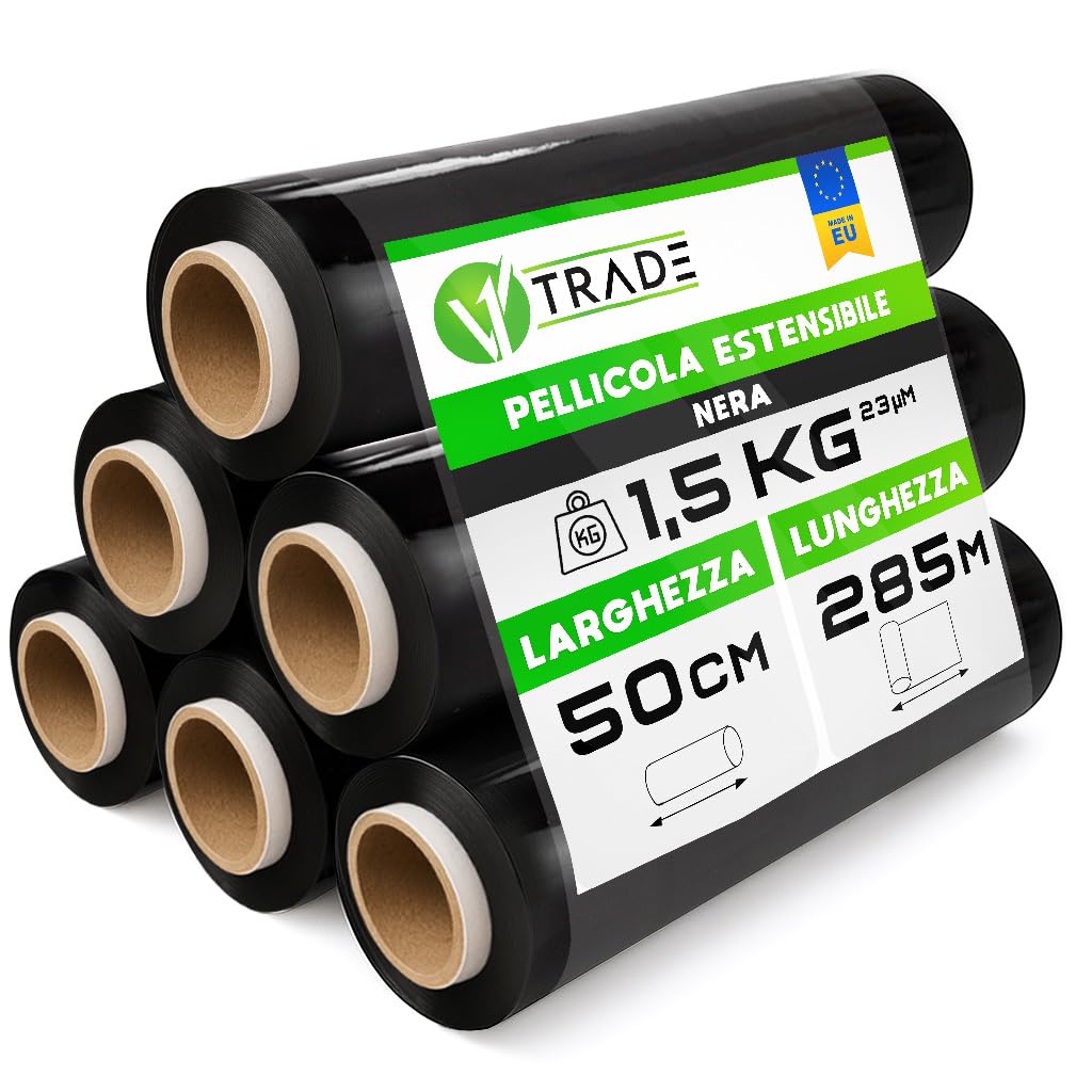 V1 TRADE Pellicola elastica nera, rotolo di pellicola avvolgente, 285 m/50 cm, materiale da imballaggio, pellicola per imballaggio su rotolo, pellicola per mobili, pellicole per trasloco