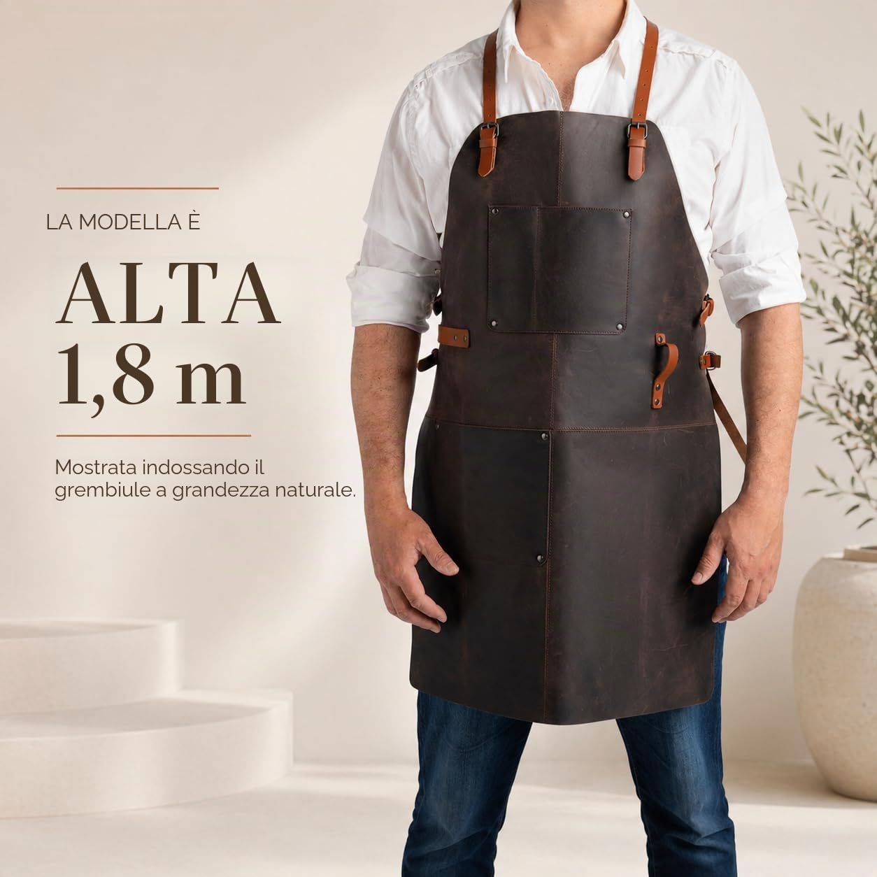 Theodore Grembiule in Pelle – Design Incrociato per Comfort Massimo, Perfetto per Barbecue, Cucina e Lavoro, con 2 Tasche Pratiche