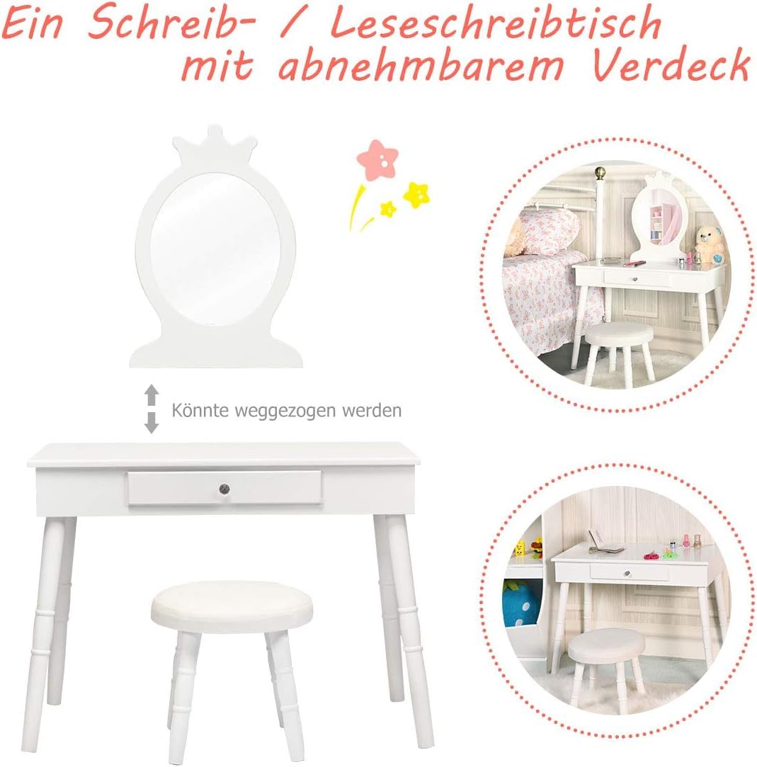 FANTASK Tocador Infantil 2 en 1, tocador y Escritorio con Espejo y Taburete Desmontables, Color Blanco