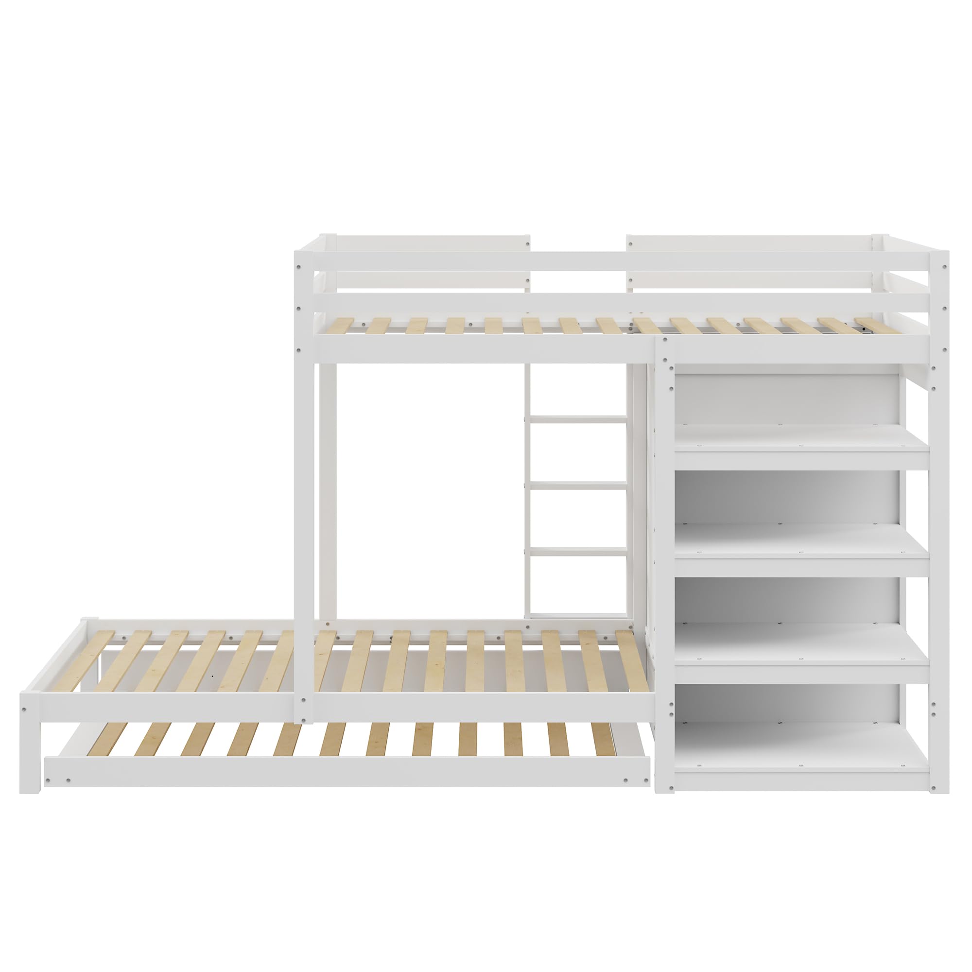 Letto a Castello 90x200 con Guardaroba Cassetti e Vano Aperto Letto Estraibile in Pino Compensato e MDF con Piano Aggiuntivo Lettino Singolo senza Materassi per Camera Bianco