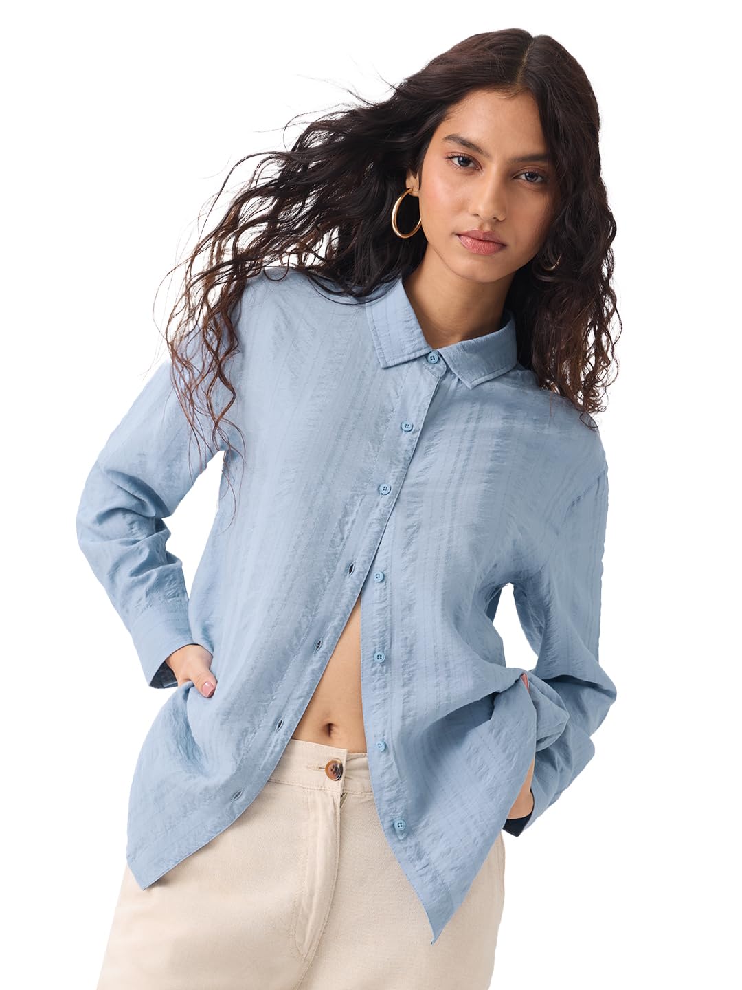 the souled store Textured Shirt: Women and Girls Full Sleeves Spread Collar Solid Textured Viscose Nylon Relaxed Fit Lightweight Summer-Ready Casual Wear Shirts-picture-38