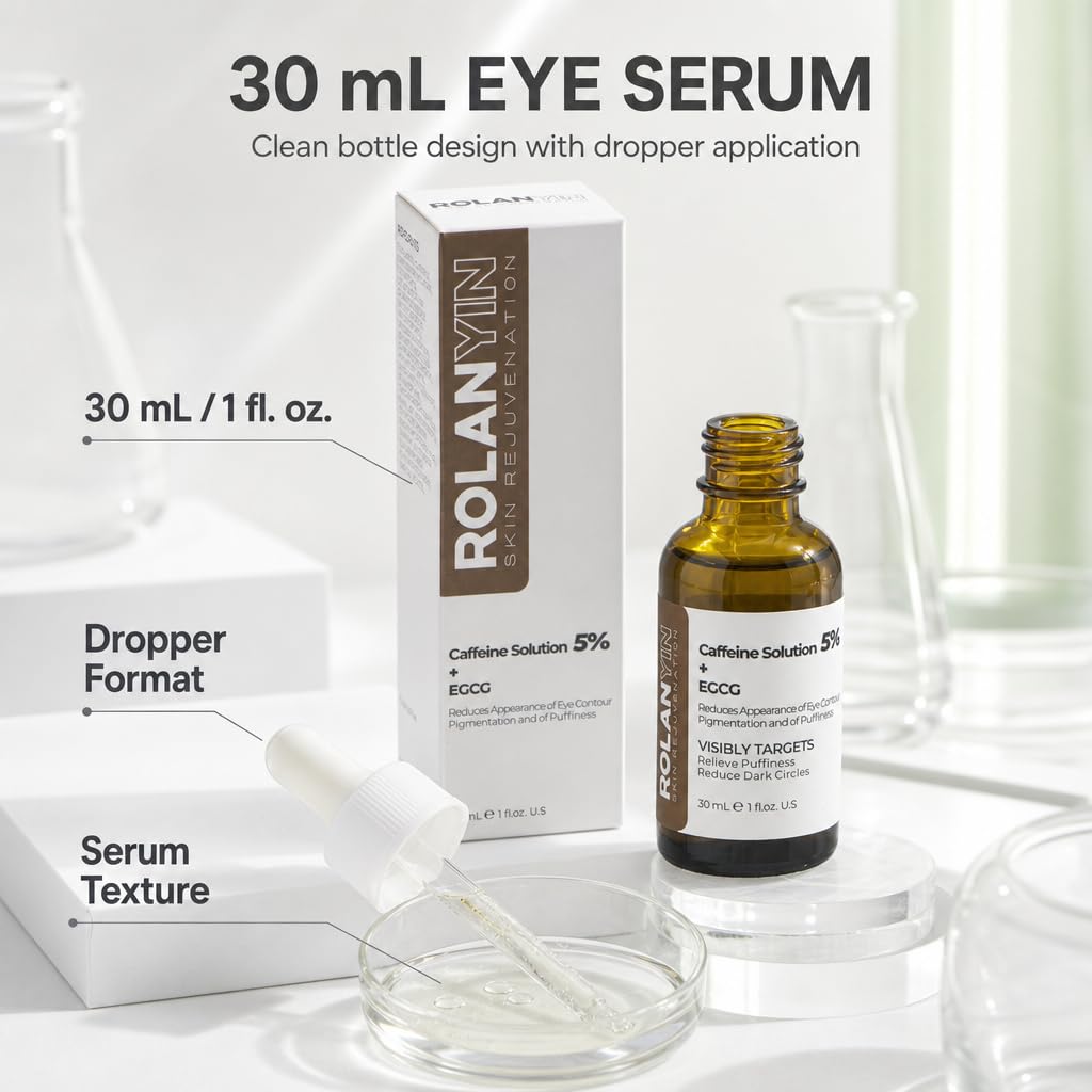 ROLANYIN Caffeine Solution 5% + EGCG Eye Serum for Puffiness Reduction Dark Circle Treatment Hydrating Firming and Soothing Anti Aging Nourishing Formula Eye Skin Care 1 Fl.Oz