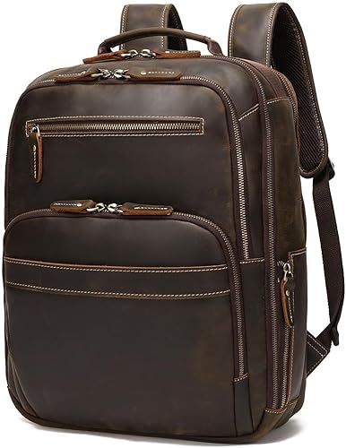Mochila de cuero de grano completo de 16 pulgadas para computadora portátil para hombres, gran capacidad, negocios, senderismo, viajes, mochila