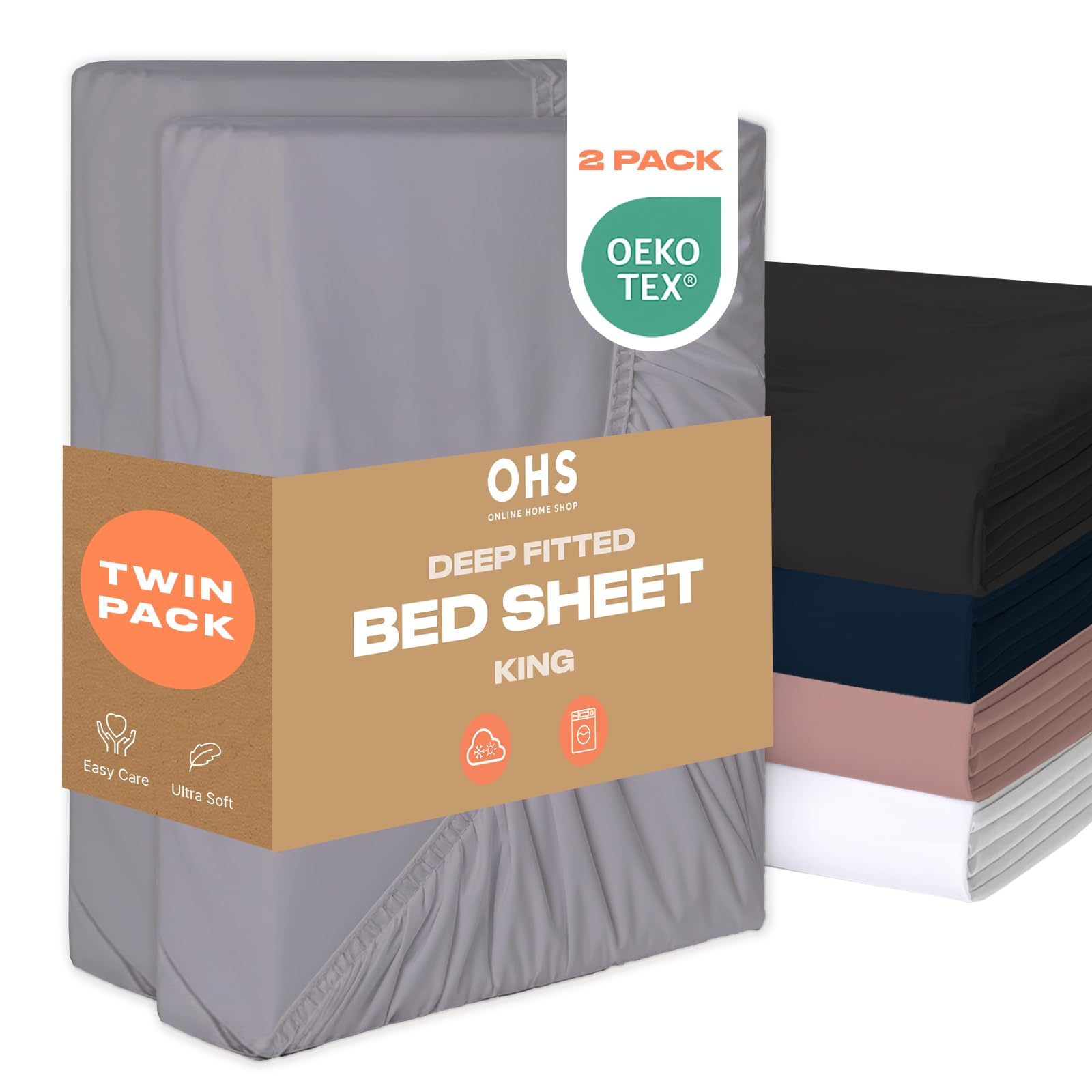 Brentfords 2 Pack Deep Fitted King Size Sheet, Fitted Sheet Bed Cover Easy Care Ultra Soft Fade Resistant Microfibre Bed Linen Sheets for King Size Bed, Grey Twin Pack