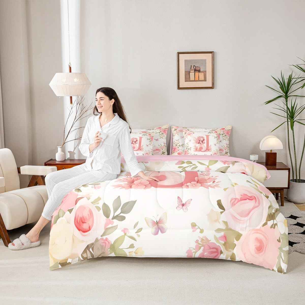 Erosebridal Dreamy Initial Letter J Queen Comforter Set with Sheets 7 piece Romantic Floral Fairy Bed In A Bag Princess Fairy Print Bedding Sets For Kids Girls Women,Cute Butterfly Rose Flower Bed Set