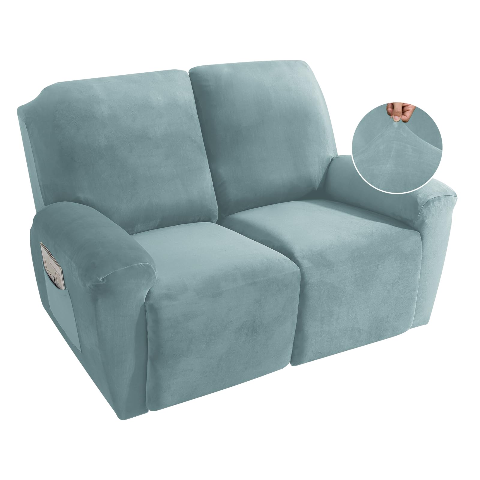 MAXIJIN Recliner Loveseat Slipcover, 6 Pieces Stretch Velvet Reclining Sofa Cover, 2 Seater Love Seat Recliner Couch Cover, Thick, Soft, Washable Furniture Cover (Loveseat Recliner, Dusty Blue)