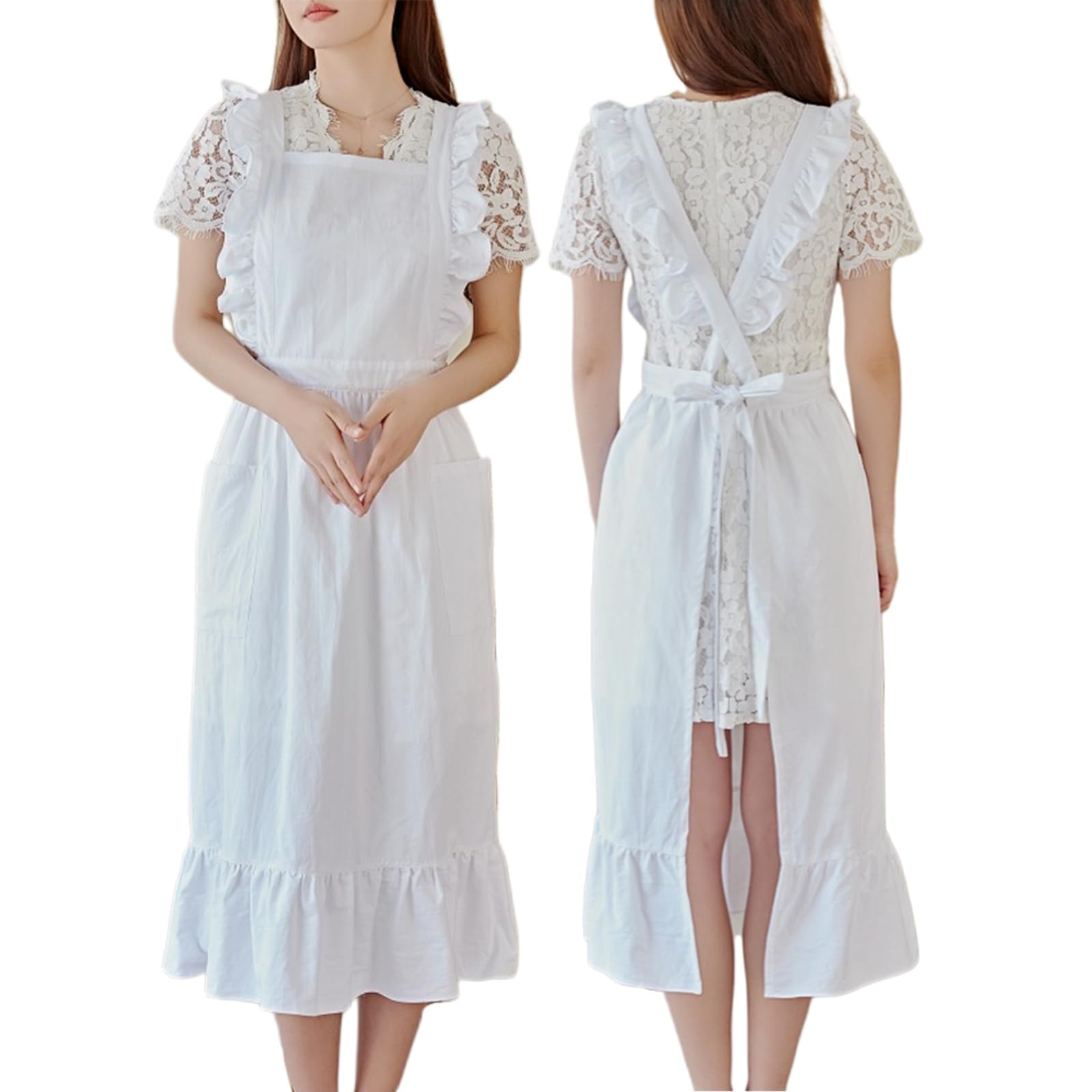 Fartuch Damski, Regulowany Fartuch Z Falbanką, Z 2 Kieszeniami, Do Gotowania, Ogrodu, KawiarniWhite,One Size