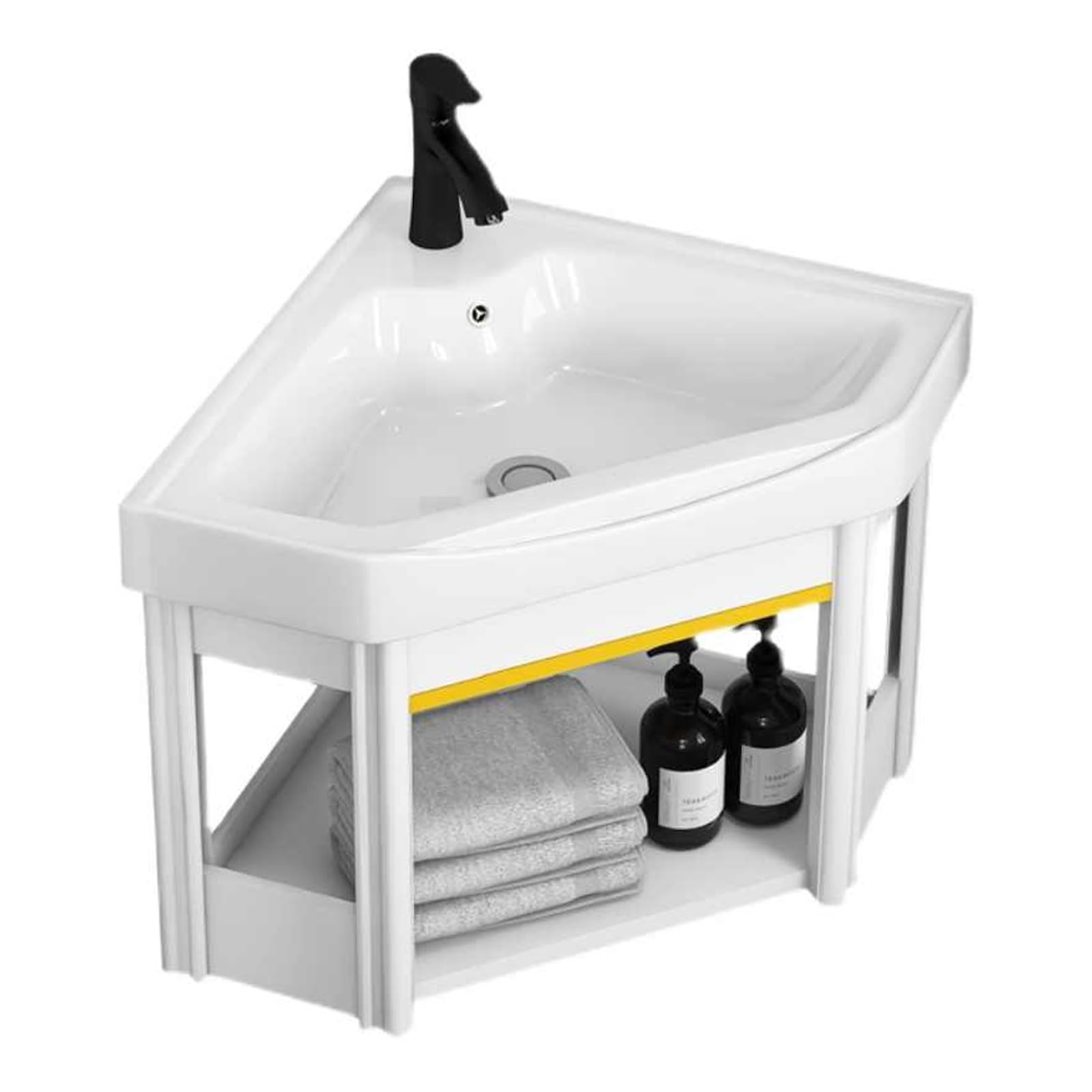 SGKOMN Corner Bathroom Vanity with Sink for Small Space, Wall Mounted Utility Washing Hand Basin Design, Hot & Cold Faucet Combo, for Small Space Freestanding Storage Cabinet, 48cm/18.9