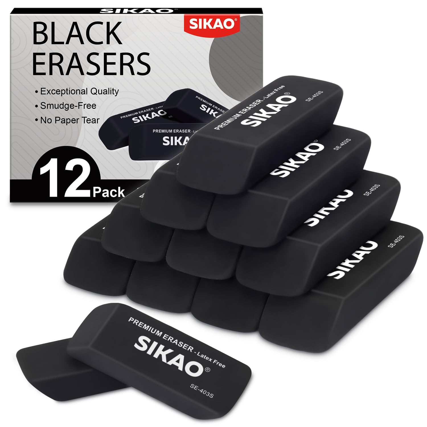 SIKAO Black Erasers, 12 Pack Pencil Erasers for Kids – Latex-Free & Smudge-Free Beveled Rubber Erasers for School Supplies, Classroom, Office & Homework