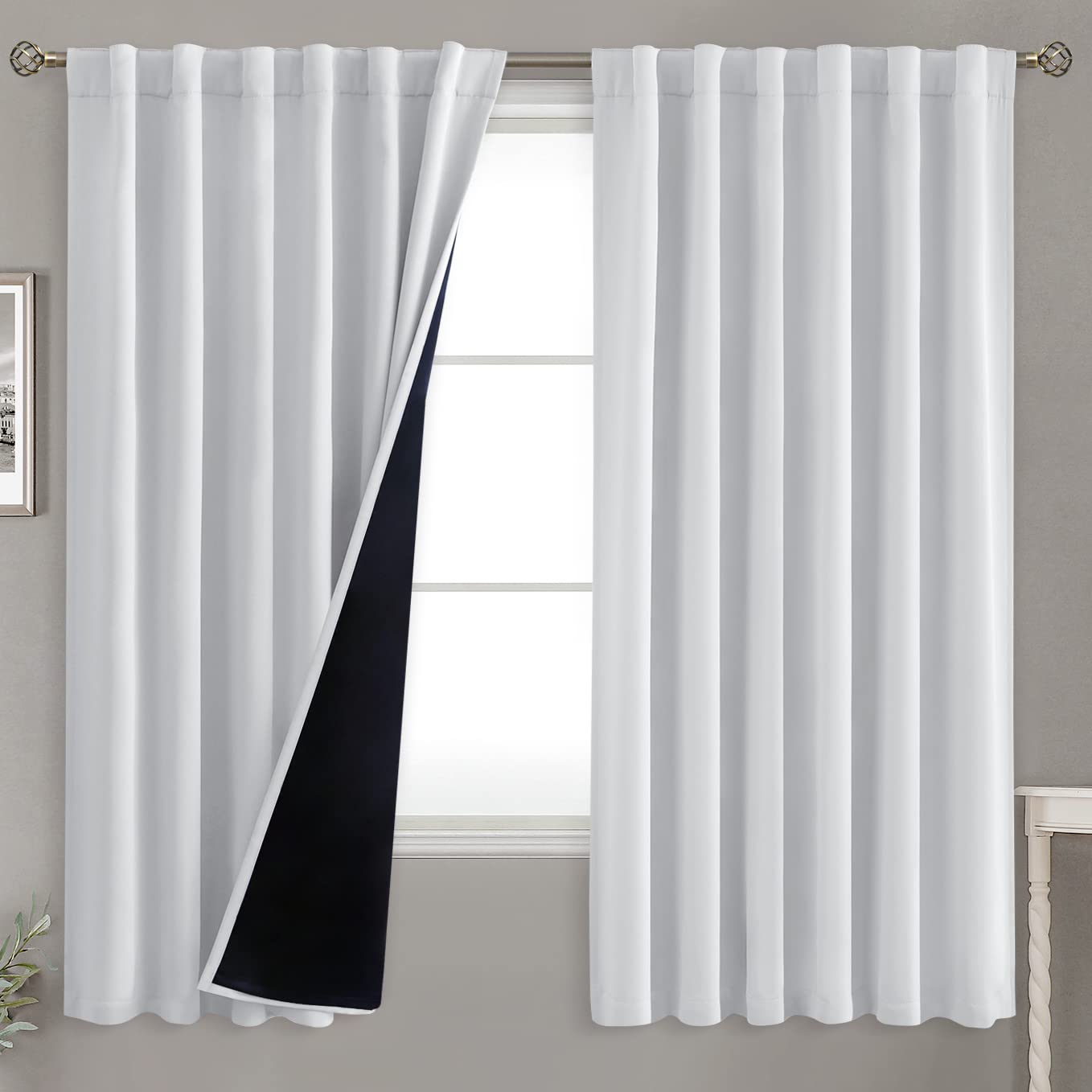 BGment Greyish White 100% Blackout Curtains 63 Inches Long with Noise-reducing Liner, Rod Pocket and Back Tab Double Layer Room Darkening Window