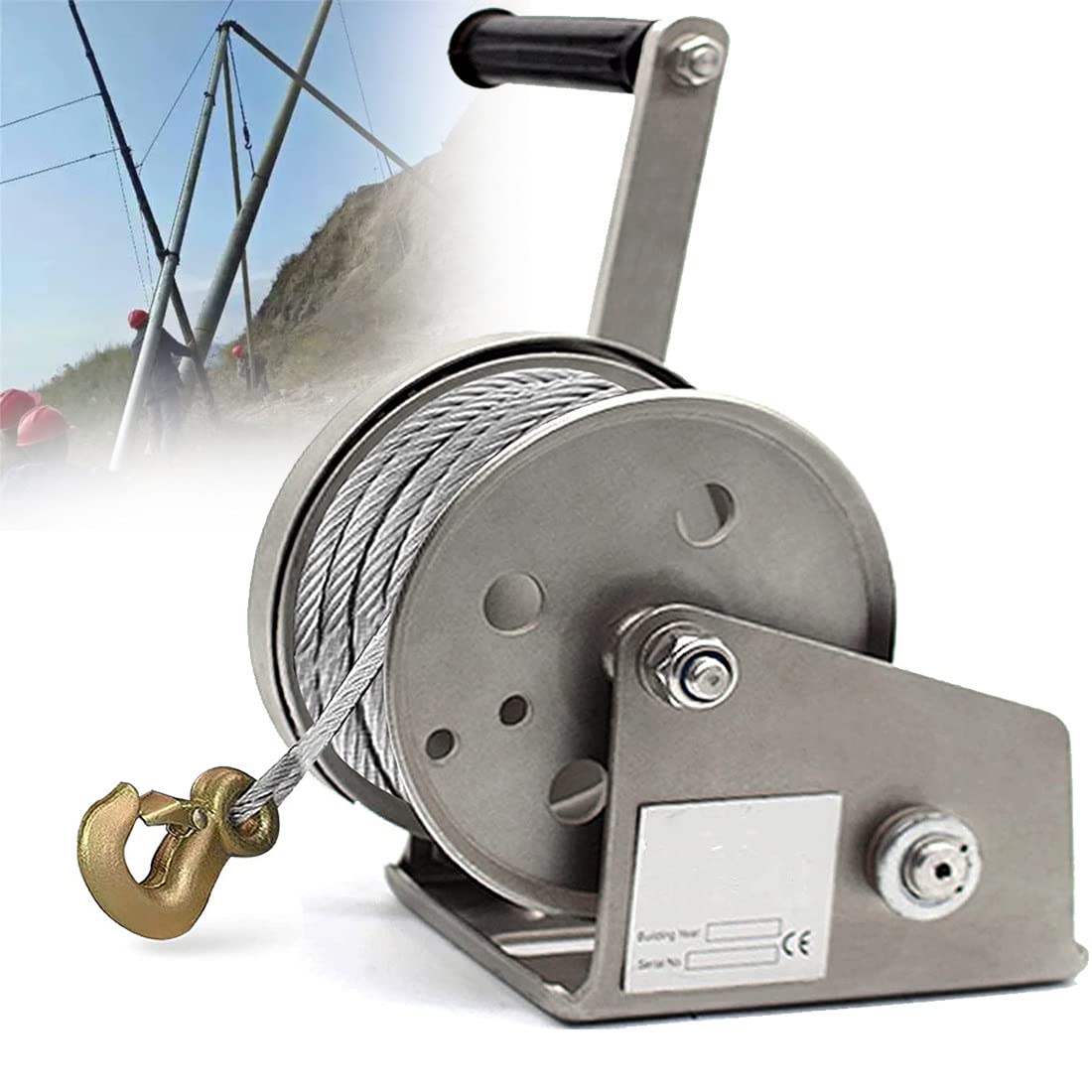 Tragbare Edelstahl-Handseilwinde, selbstbremsend, Handseilzug, 544 - 1179 kg, Ratschenabzieher mit Stahlhaken, 5 m Seil, manuelle Kurbelwinde für einfaches Anheben