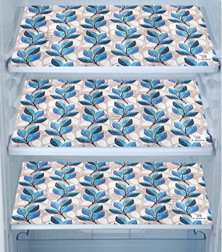 Image of Polyester 3-Layered Fridge Top Cover /Refrigerator Cover With Utility Pockets and Set of 3 Pc Fridge Mats (Color- Leaf Blue, Size-39x21 Inches)