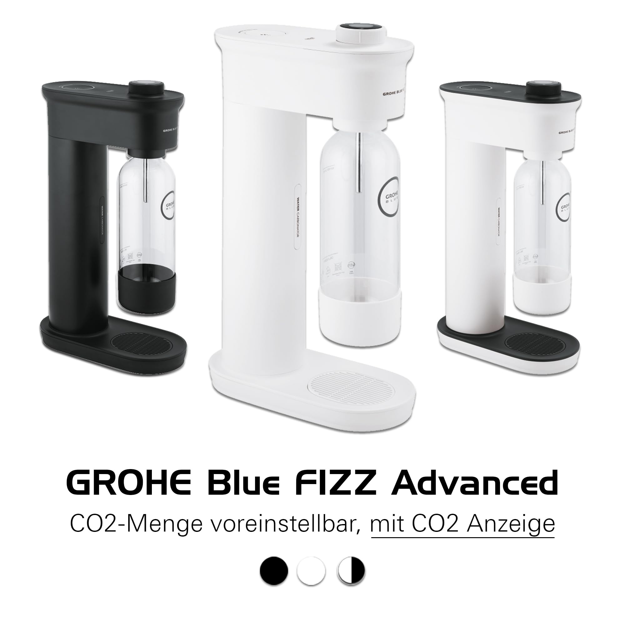 GROHE Blue Fizz 31945L00 Kit de démarrage pour machine à gazéifier avec indicateur de niveau de CO2, 3 niveaux de CO2 réglables, 1 bouteille d'eau de 0,85 l et 1 poudre de nettoyage Blanc
