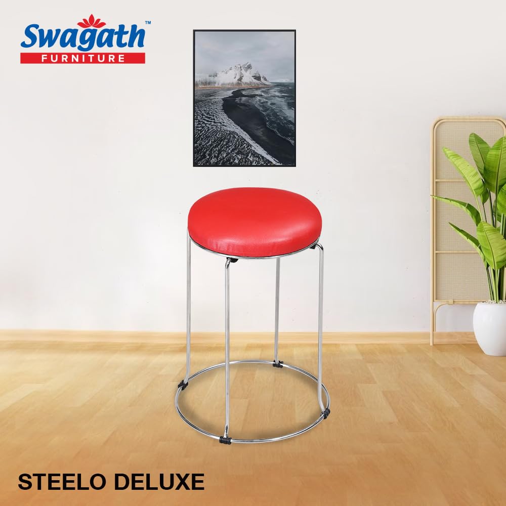 Swagath Furniture Steelo Stool with Stainless Steel Base for Indoor/Outdoor & Cafeteria (Colour-Red Cushioned seat, Pre-Assembled) 2
