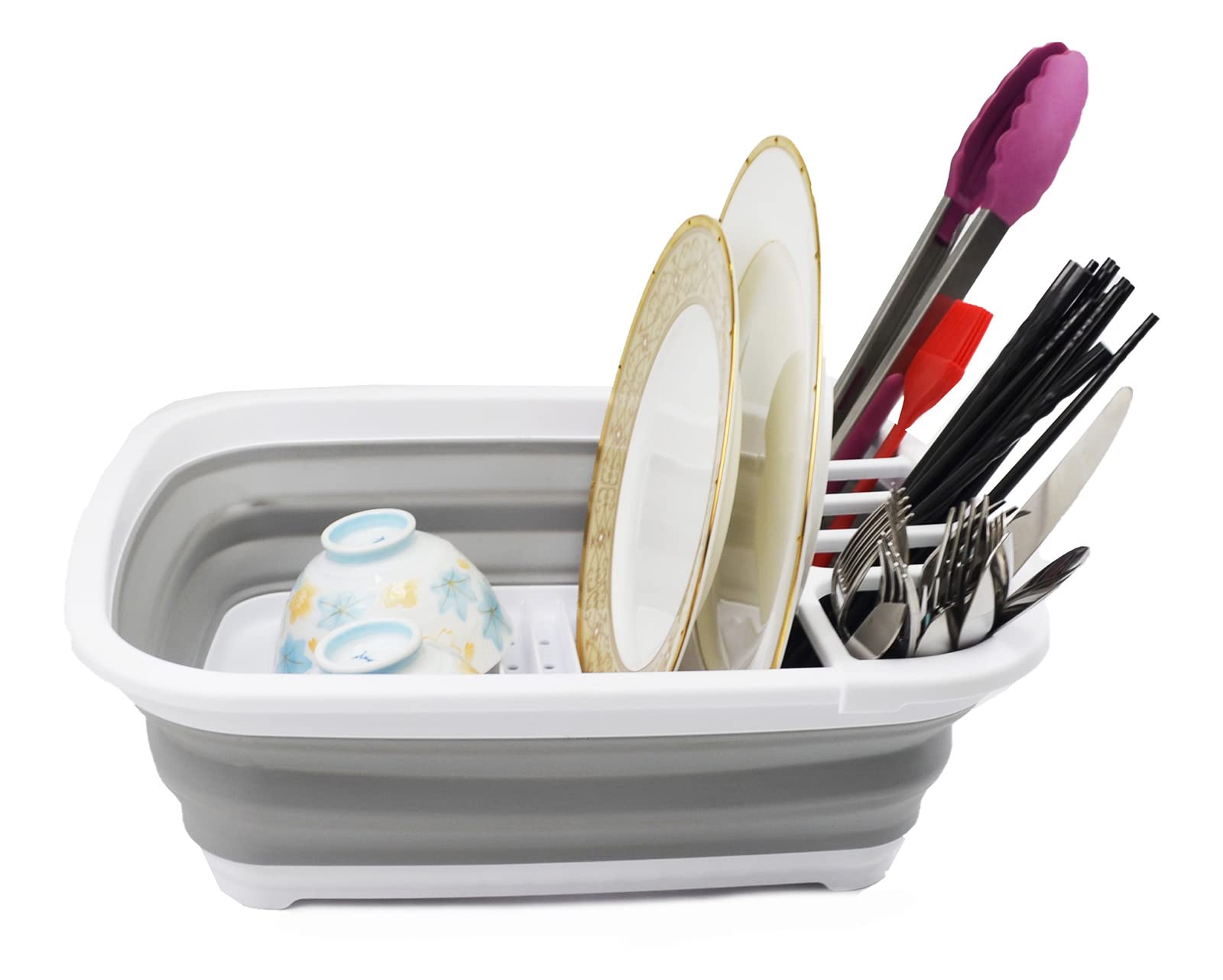 Sammart White/Grey 8L Collapsible Plastic Dish Drainer/Dish Rack - Foldable Drying Rack - Portable Dinnerware Organizer - Pop Up Saving ()