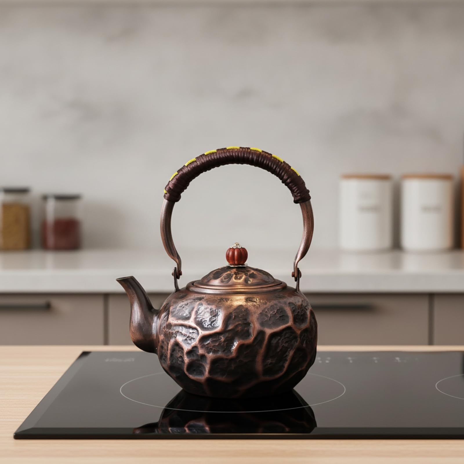 Tetera de Cobre Hecha a Mano Tetera Hervidor Jarra Caldera con Textura Martillada y Curvo Compatible con Gas y Vitrocerámica Asa Ergonómica con Cordón