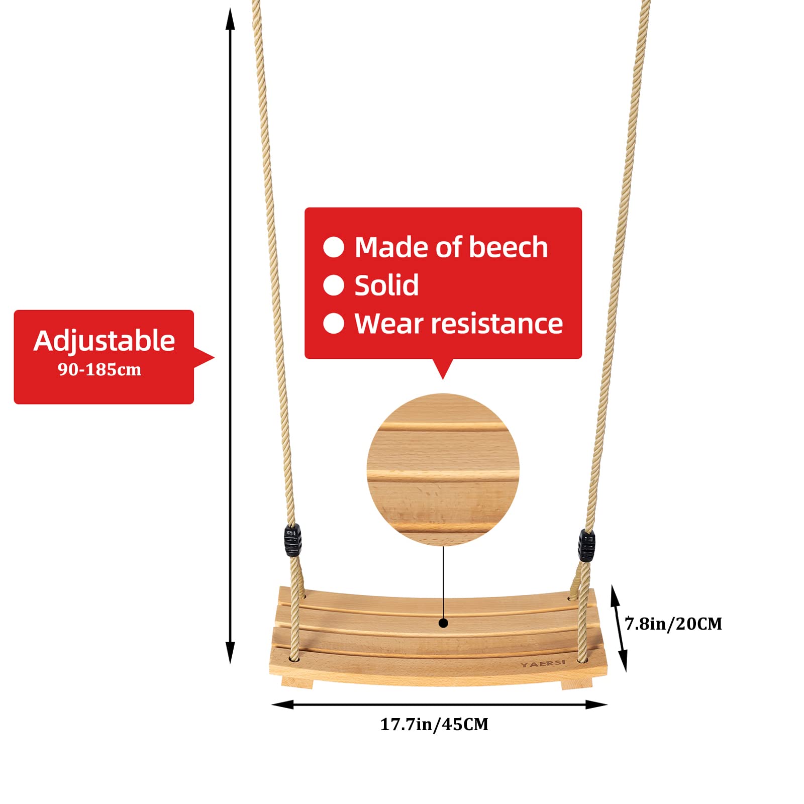 Holz Schaukelsitz für Kinder und Erwachsene, Holzschaukel Outdoor mit Einstellbares Hanfseil, Schaukel Outdoor für Gartenhof Innen und Außenbereich bis zu 100 kg