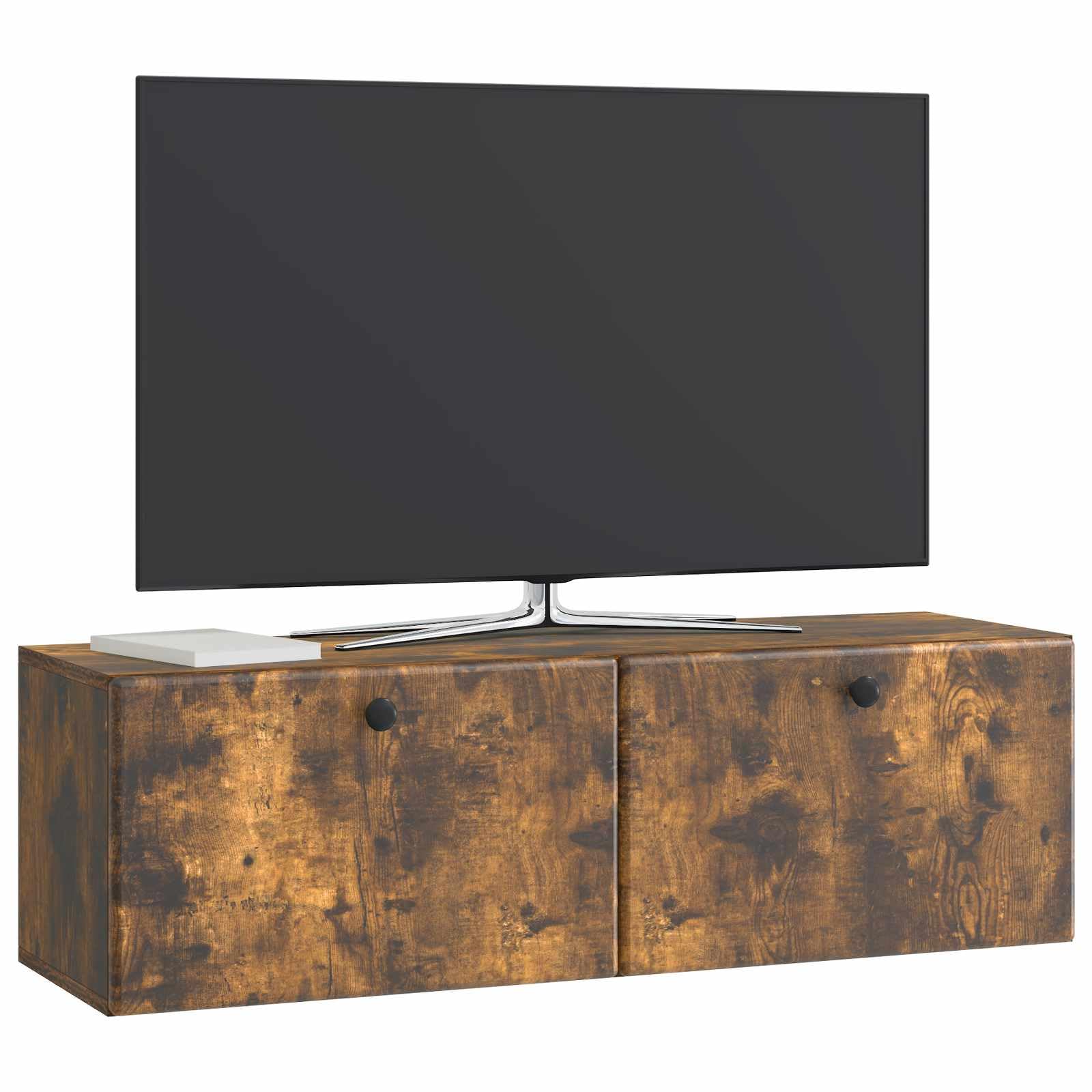 Hothingwell TV-Wandschrank, 98 x 31 x 30 cm, rauchfarbene Eiche, Holz | 90° drehbare Türen, großzügige Aufbewahrung, einfache Reinigung mit feuchtem Tuch, platzsparendes Wanddesign